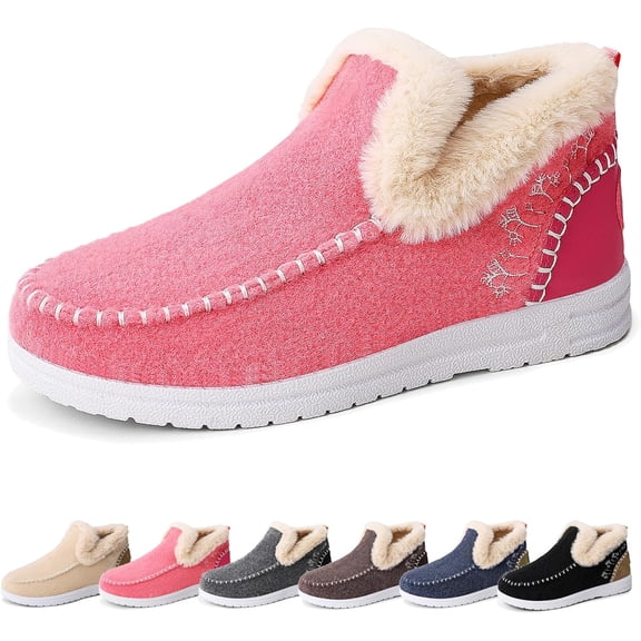 Cozy Fleece Slip-On Boots for Women, Winter Warm Plush Lined Non-Slip Flat Shoes, Fur Lined Indoor Outdoor Casual Loafer Boots