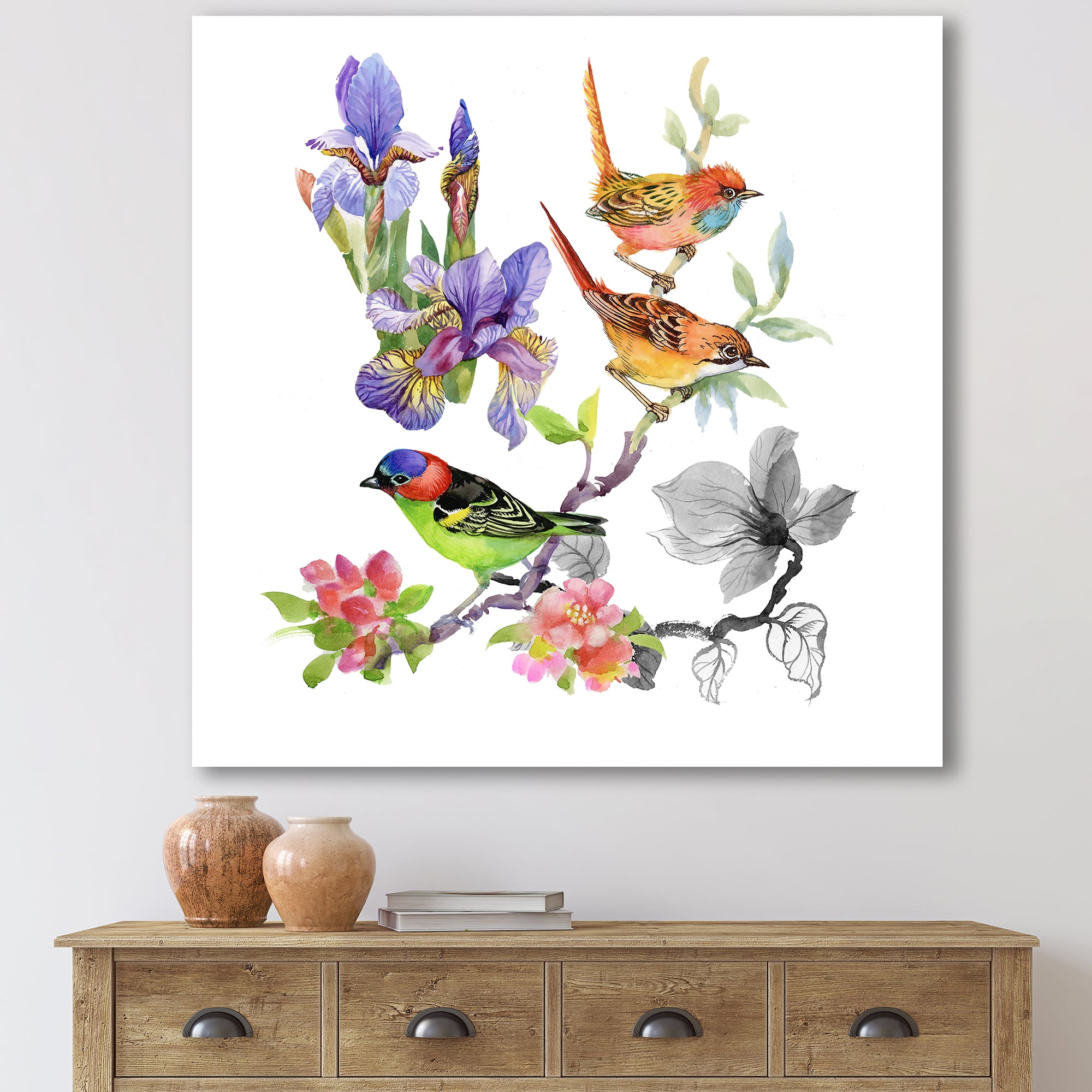 Designart ' Colourful Birds and Tropical Flowers I ' Traditional Canvas Wall Art Print