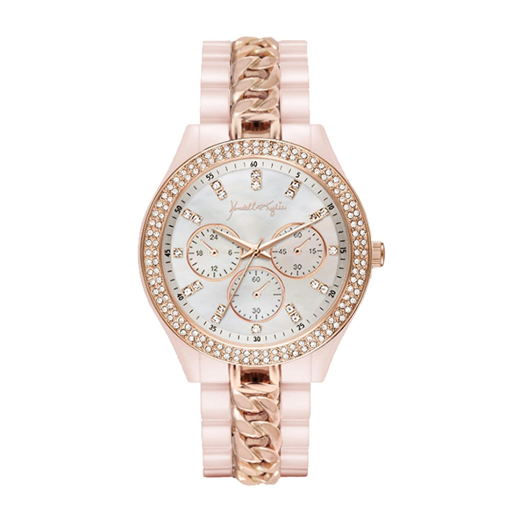 Kendall + Kylie Ladies Blush Metal Link and Rose Gold Toned Chain Mock-Chronograph Analog Watch