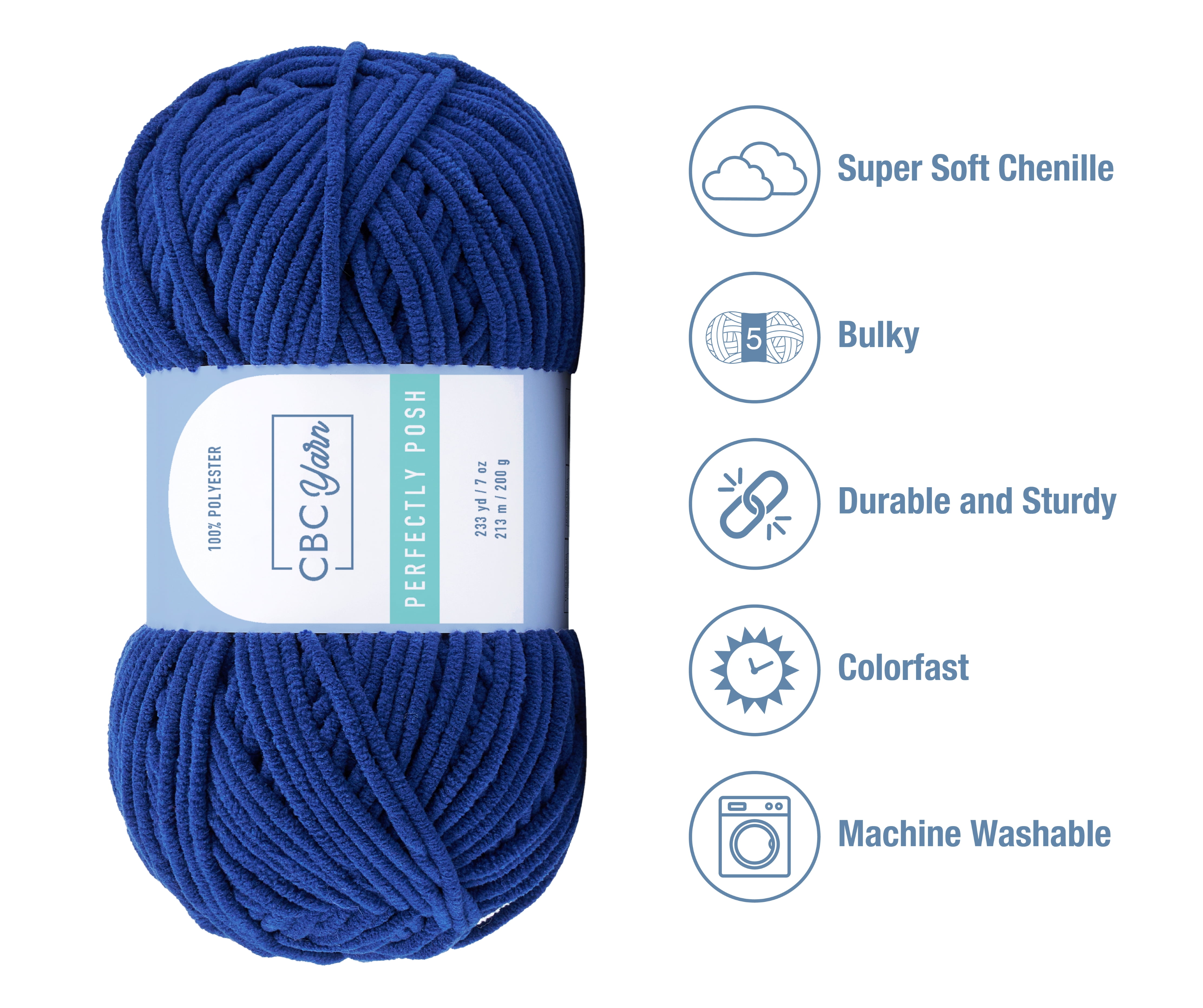 CBC Perfectly Posh Chenille Yarn for Knitting, Crocheting and Amigurumi - 6 Pack (7 oz / 200 g, 233 yards Each Skein), Blueberry, Gauge 5 Bulky