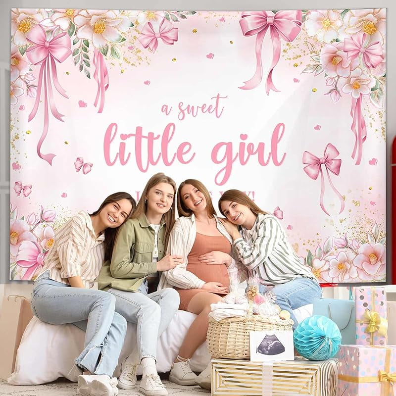 Joliaco Pink Bow Girl Baby Shower Backdrop Pink Floral