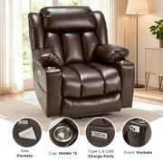 Power Lift Recliner Leather Chair Sofa with Massage & Heat, Lazy Boy Chair with Cup Holders, USB & Type-C Ports, Remote Control-Brown