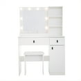 thumbnail image 3 of Yesfashion Wood Vanity Desk Set, Makeup Vanity Table With Mirror & 8 LED Light Bulbs, Open Shelves, 2 Drawers, 1 Makeup Stool For Home Office Bedroom Living Room, 3 of 8