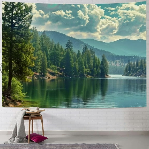 PRATYUS Mountain Lake Tapestry Wall Hanging Green Forest and Lake Blue Sky White Clouds Tapestry for Bedroom Aesthetic Living Room Dorm Decor Painting