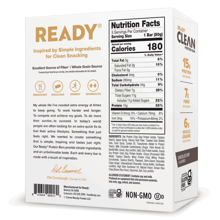 Ready Clean Protein Bar, Chocolate Chip, 5 Count Bars