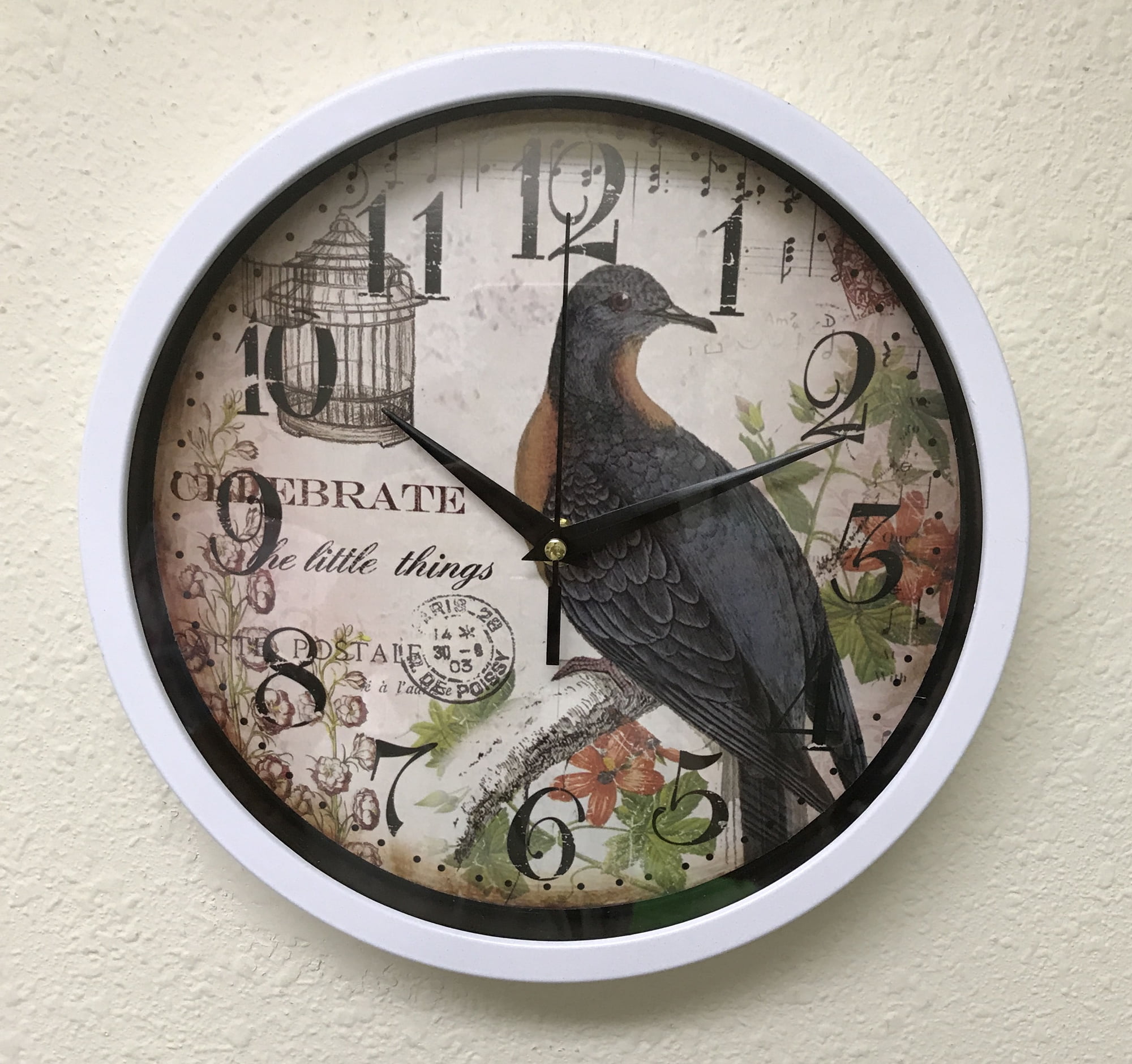 10" Beautiful Bird Clock. Sturdy Plastic frame with 10" Bird Clock in