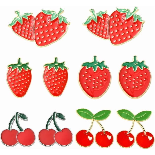 1 caja de 10 broches de esmalte de fresa, 5 estilos, broche de cereza roja, aleación de metal, broches de solapa de fresas y cerezas, insignias traseras.