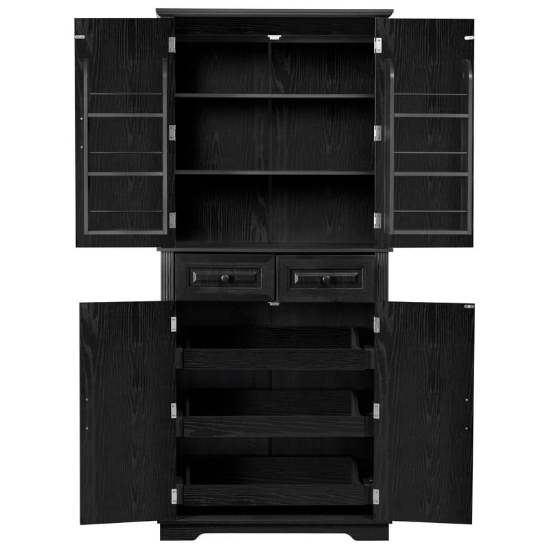 Farmhouse Kitchen Pantry Cabinet with 3 Pull Out Cabinet Organizers, Tall Kitchen Storage Cabinet with 2 Drawers, Freestanding Kitchen Cupboard with 6 Door Shelves