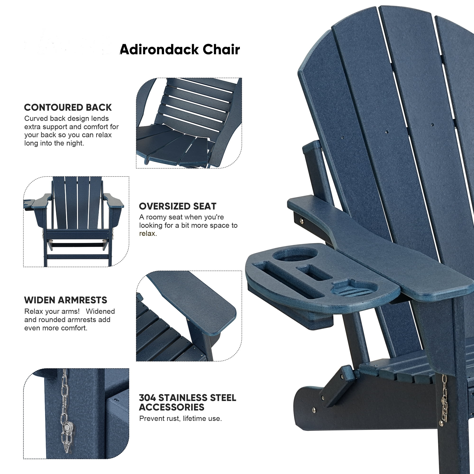 2PCS Folding HDPE Adirondack Chair with 4 in 1 Cup Holder Tray, Outdoor Patio Plastic Adirondack Chairs Weather Resistant, Blue
