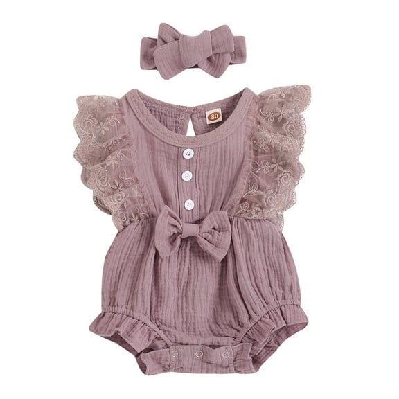 Wxirdiow Baby Girl Clothes Baby Girl Summer Clothes Newborn Outfit Ruffle Romper Infant Baby Dress Bow Headband Cute Outfits Girls Purple Size,12-18 Months