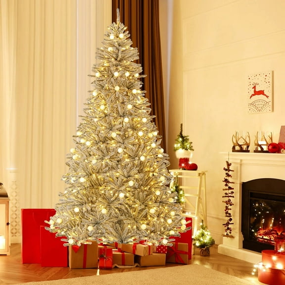 Harmijoy 8 FT Pre-Lit Artificial Christmas Tree, Snow Flocked Hinged Xmas Tree with 81 Sphere Lights 450 LED Lights, 3 Modes, Remote, Home Office Holiday Party Decoration