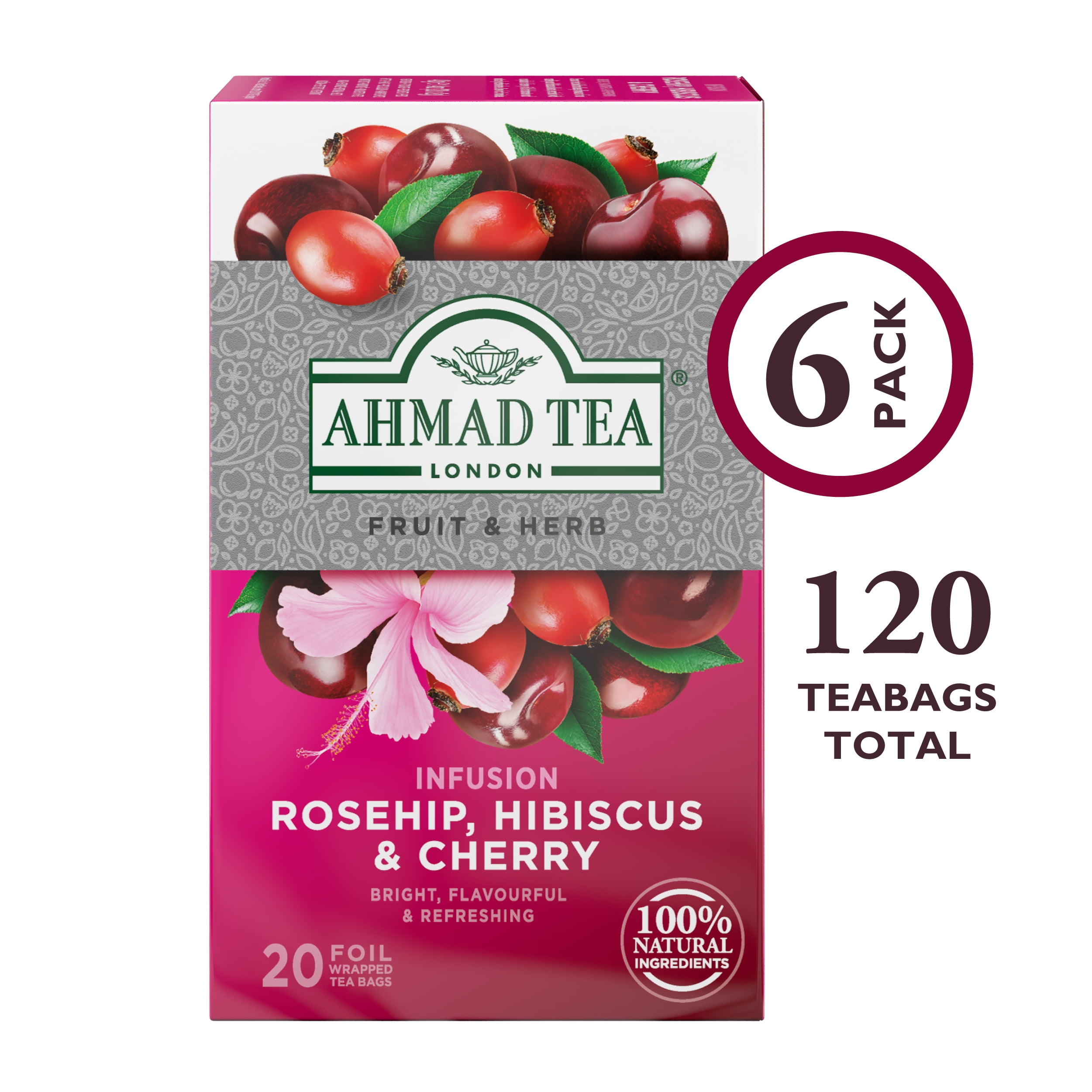 Ahmad Tea Rosehip Cherry & Hibiscus Herbal Tea Bags, 120 Ct (6 Boxes of 20)