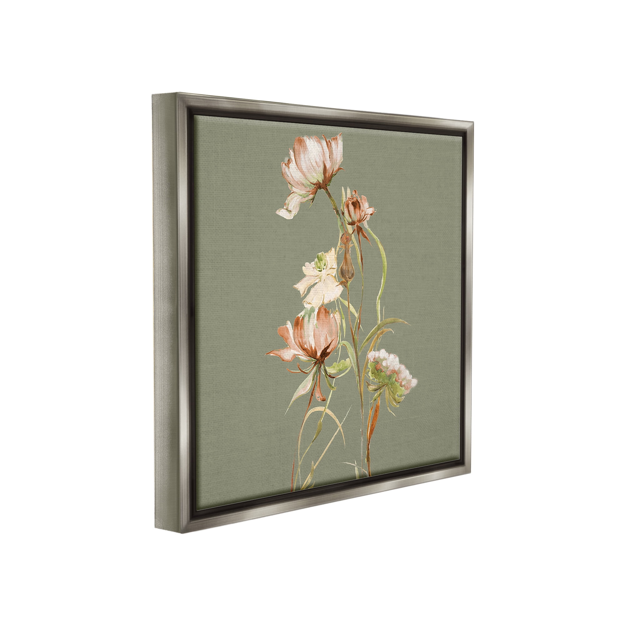 Stupell Industries Delicate Blooms on Green Botanical & Floral Painting Gray Floater Framed Canvas Art Print Wall Art, 25 x 25
