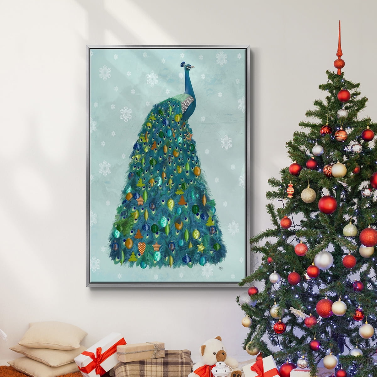 Christmas Peacock Christmas Tree - Framed Gallery Wrapped Holiday Canvas - 17 x 25 - Silver Frame