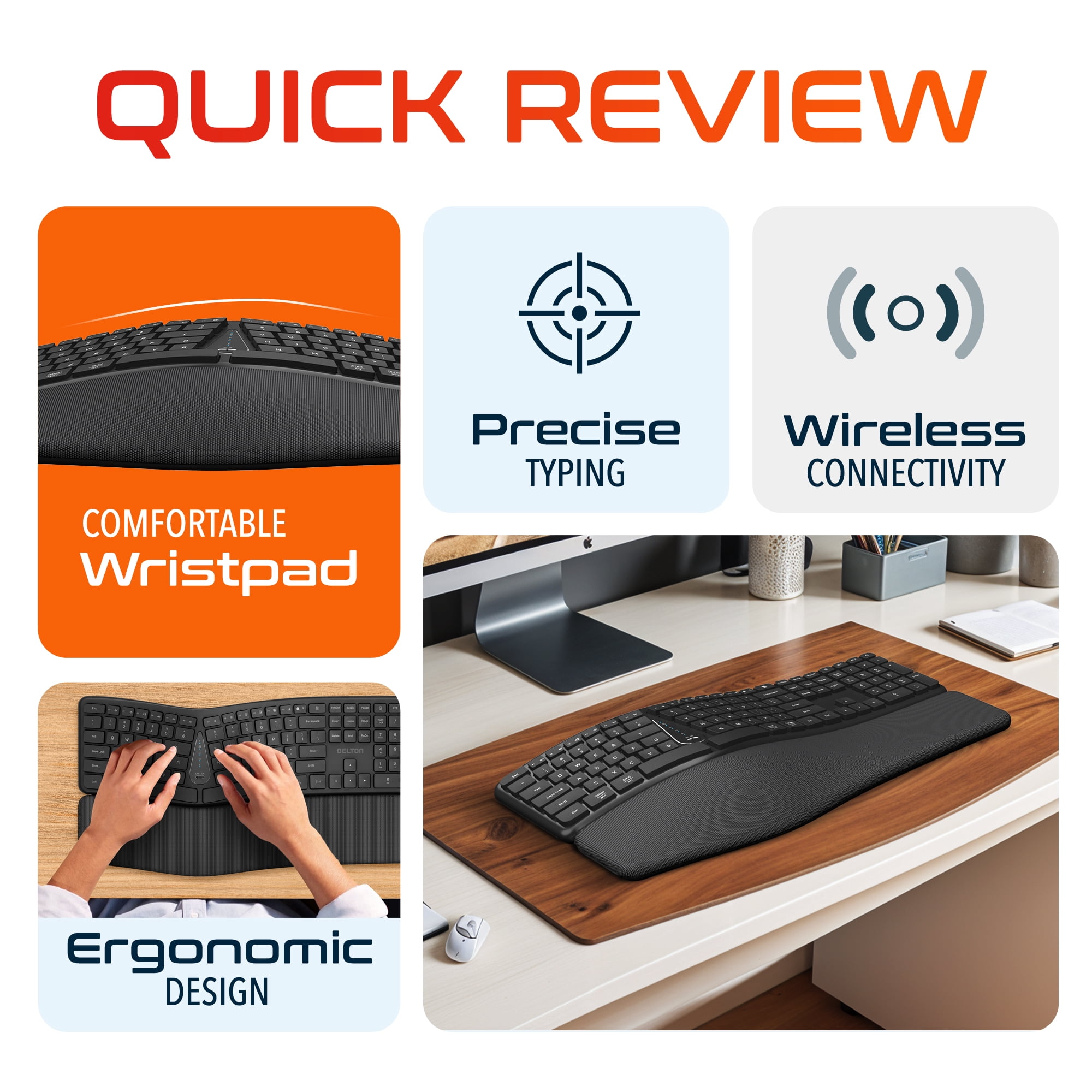 Delton KB250 Ergonomic Wireless Keyboard with Cushioned Palm Rest, Natural Typing Full-Size Rechargeable Keyboard, Bluetooth & USB Connectivity, Compatible for Laptop/PC/Tablets/Smartphone - Black