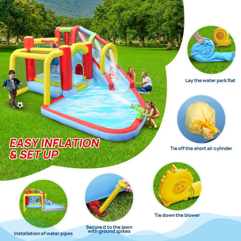7-in-1 Mega Outdoor Inflatable Water Park: Slide, Soccer Bouncer, Splash Pool, Water Gun, Climbing Wall, Basketball & Football