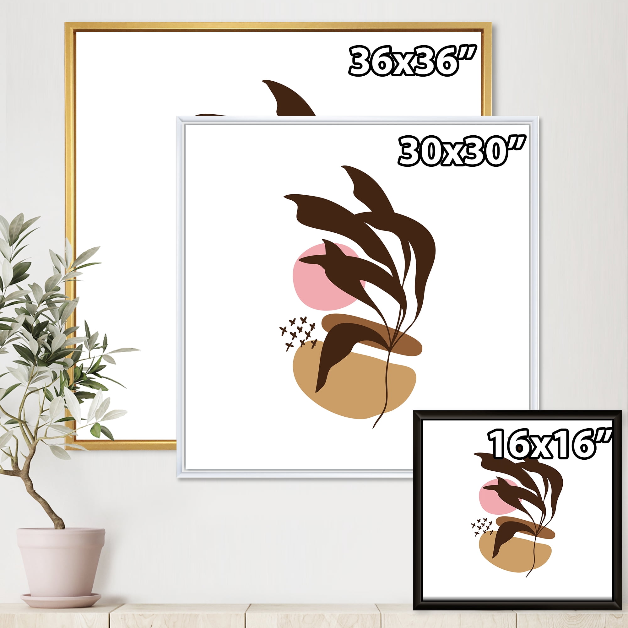Designart 'Abstract Plants With Elementary Shapes' Modern Framed Canvas Wall Art Print