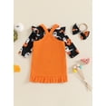 thumbnail image 4 of Suealasg 3Pcs Newborn Baby Girls Halloween Outfits Clothes Set 3 6  12 18 Months Infant Girls Flying Sleeve Romper +Ghost Pattern Ruffled Overall Dress +Bow Headband Set, 4 of 7