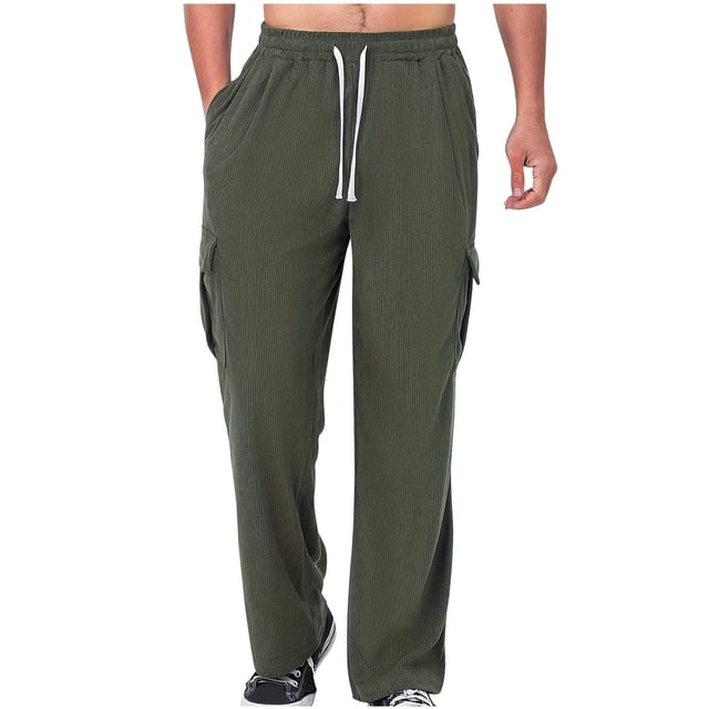 aidice Mens Workout Pants Corduroy Casual Loose Straight Leg Drawstring Elastic Waist Outdoors Exercise Pant with Pockets