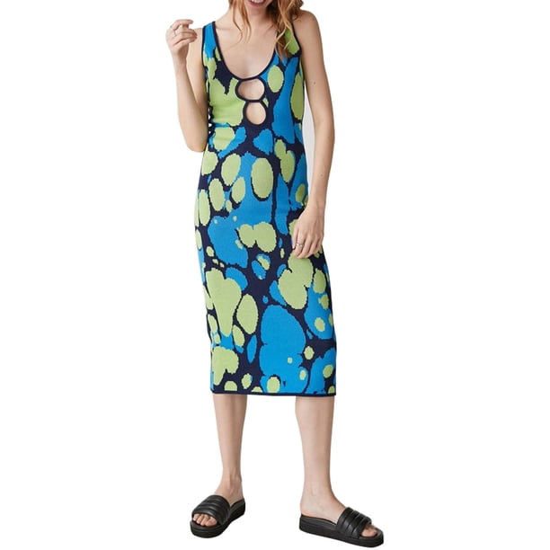 VISgogo Vestido de punto para mujer, cuello en U, sin mangas, corte frontal, verano, casual, estampado, ajustado, midi, vestido VISgogo moda