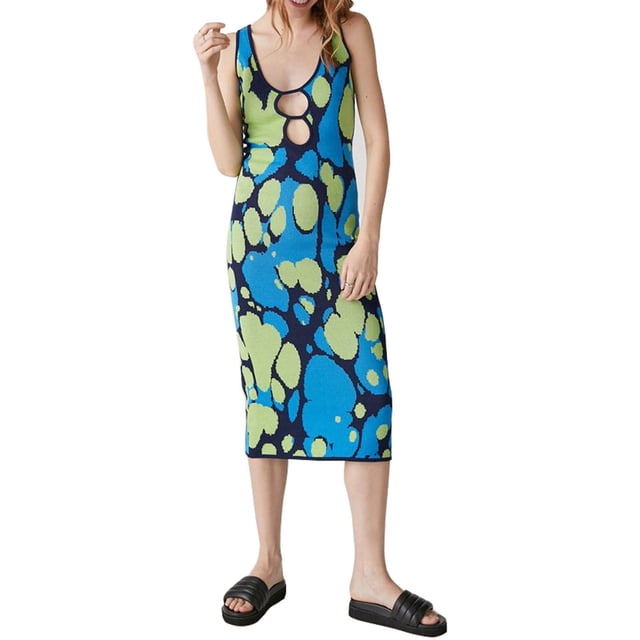 VISgogo Vestido de punto para mujer, cuello en U, sin mangas, corte frontal, verano, casual, estampado, ajustado, midi, vestido VISgogo moda