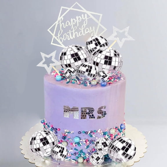 EISRUNGF 33-Piece Silver Disco Ball Cake Toppers – Mirror Ball & Star Decor for 70s 80s Disco Music Party
