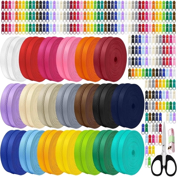 80 Yards #3 Nylon Coil Zippered Multicolor Sewing Zipper Sewing Fasteners, with 200 Assorted Colorful Pcs Pull Heads for Sewing Crafts