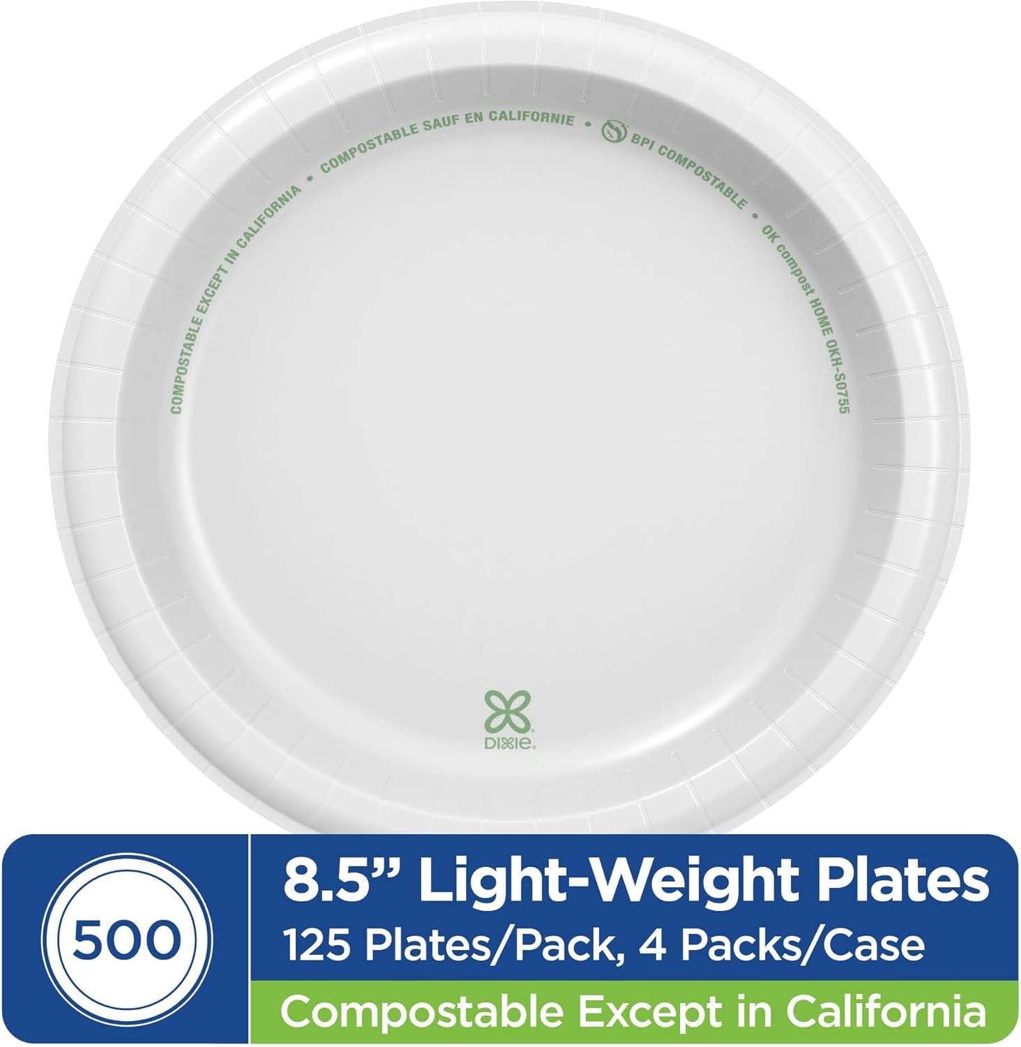 Litian Basic 8.5 Inch Light-Weight Paper Plates By GP PRO, White, 500 Count (125 Disposable Plates Per Pack, 4 Packs Per Case), DBP09W
