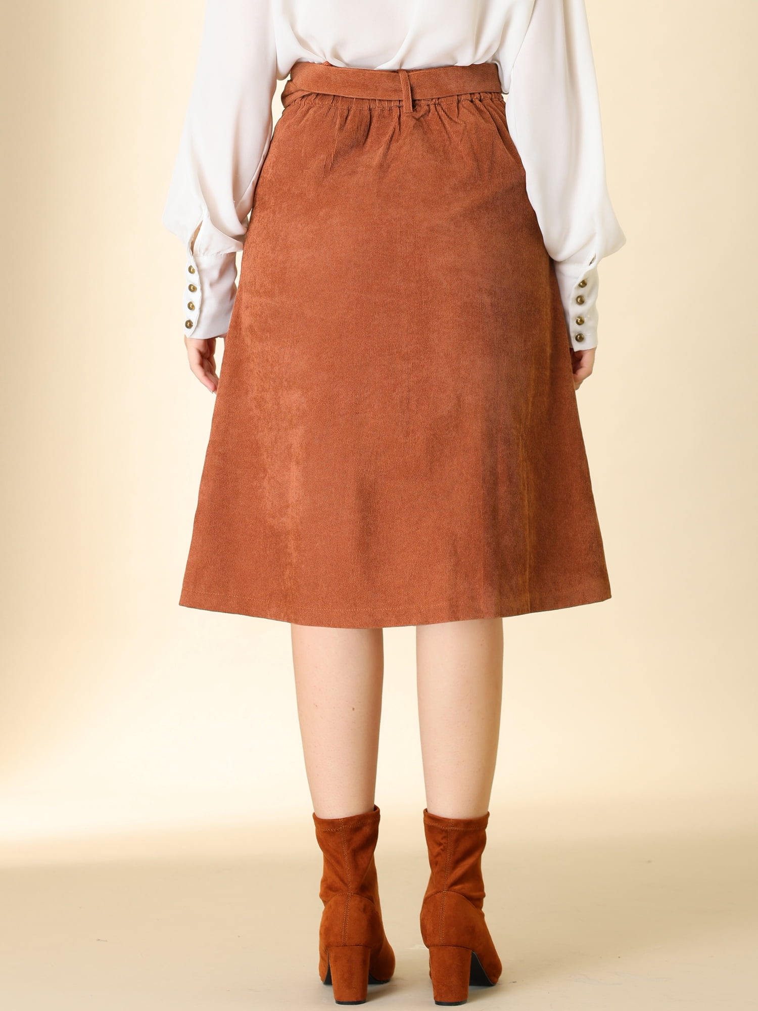 DARING DIVA Women's A-Line Button Front Belted Midi Skirts 3XL Caramel