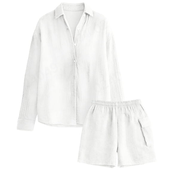 Likimi Two Piece Sets For Women Solid Color Long Sleeve Lapel Button Down Tops With Shorts Fashion Casual Outfit Set White Size L