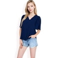 thumbnail image 3 of Women's V-Neck Blouse with Pleated Chiffon Flutter Sleeves- Navy,Large, 3 of 7