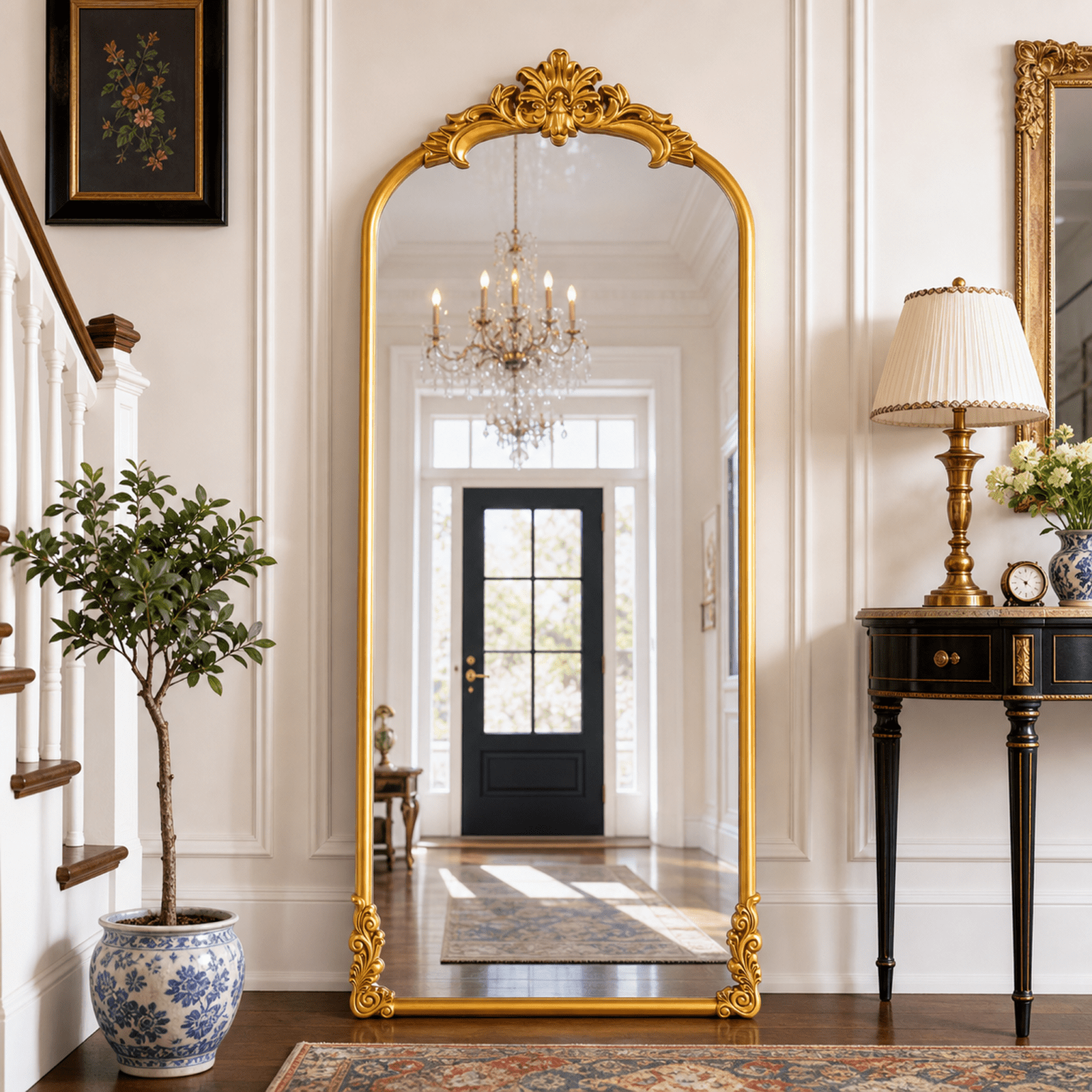 EVARNIO 69"x28" Vintage Full Length Mirror Arched Floor Mirror Baroque Style Wall Mounted Mirror Ornate Decor Mirror with Stand, Gold