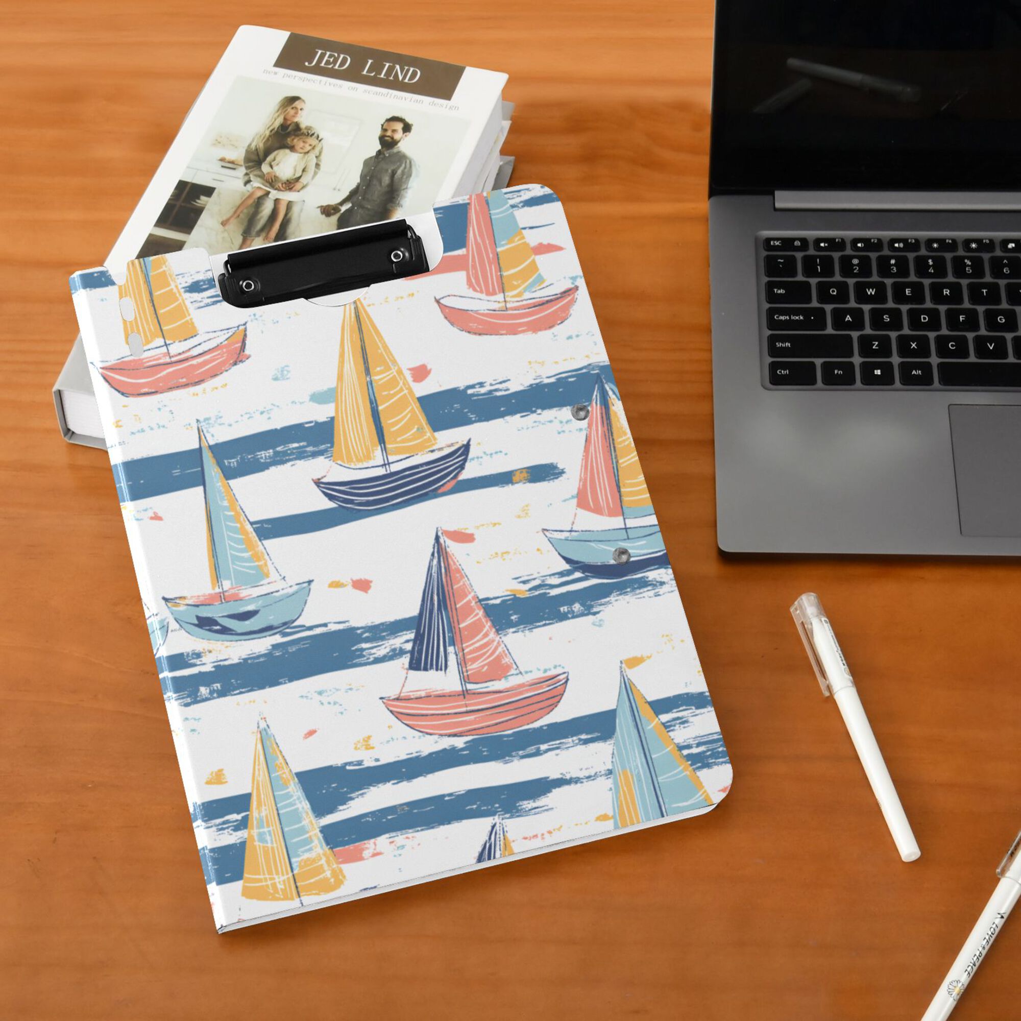 FORMRS A4 Clipboard Folder with Pen Holder Horizontal Foldable School Office Binder, White Hand Drawn Sailboats