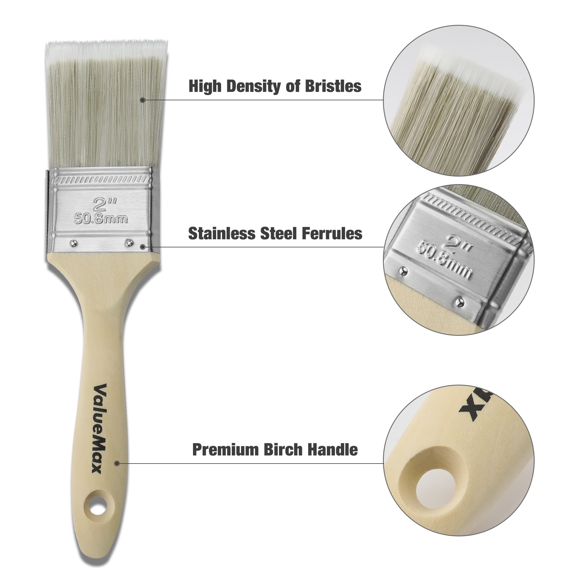ValueMax 7PC Paint Brushes Set , Includes Flat/ Angled Paint Brushes, Small Paintbrush, Birch Wood Handle, Thick Bristle, DIY Paint Brush for Walls , Fences Doors , Furniture & Crafts , White