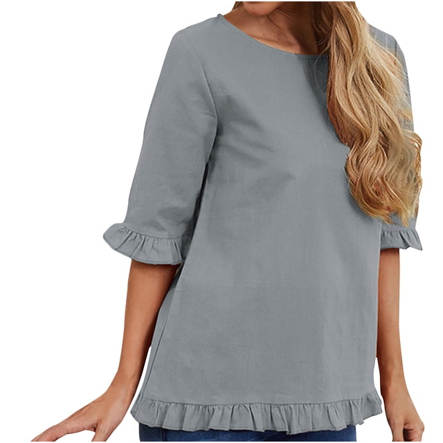 Summer Tops for Women 2022 Round Neck Short Solid Color Short Sleeve Tunic Shirt Ruffle Casual Ladies Blouses Tee