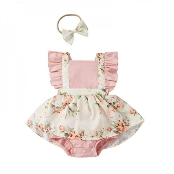Newborn Baby Girl Bodysuit Clothes Summer Infant Bebe Casual Cute Flying Sleeve Shoulder Strap Dress Headband Two Piece Sets Walmart Com Walmart Com