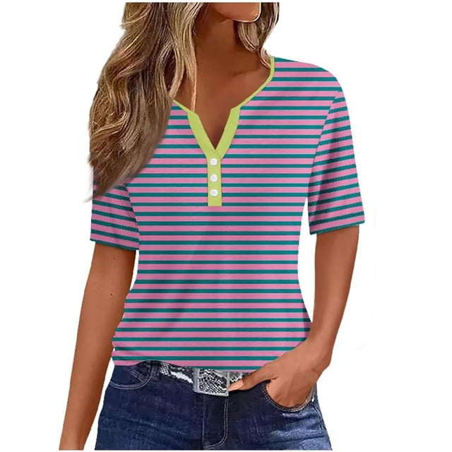 Birdeem Blouse à Manches Courtes à Rayures pour Femmes, T-Shirt Col en V, Boutons Décontractés