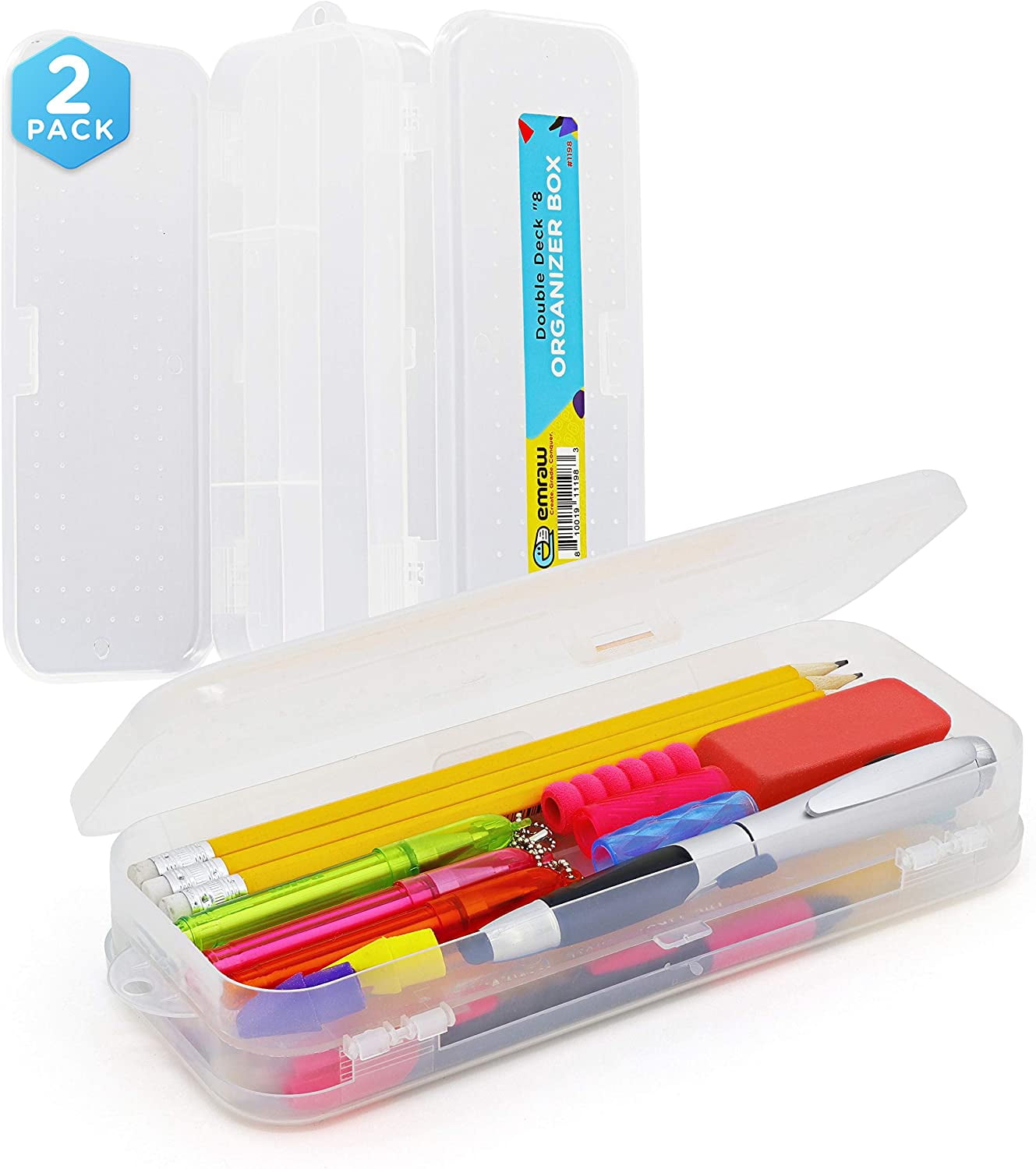 Emraw Multipurpose Utility Box Large Assorted Colors Durable Plastic Polypropylene Pencil Box with Lid Snap Closure Translucent View Storage Box for Pencils and Pens Pack of 2 
