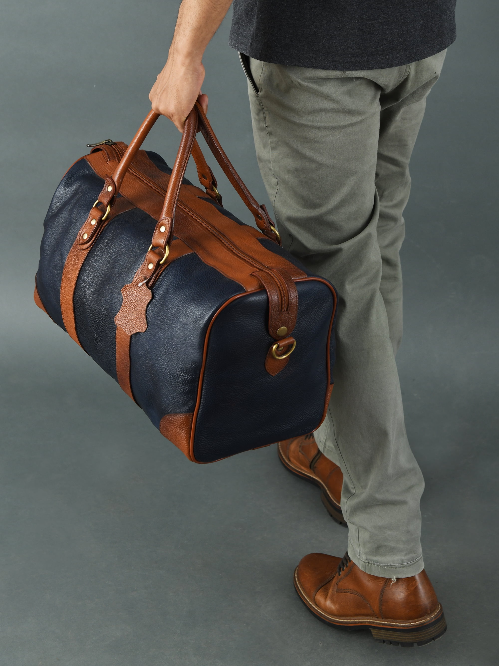 Leather Duffle Weekender Bag 18" – Handmade Soft Cowhide Travel Duffel for Men & Women with Brass Fittings, Navy Blue