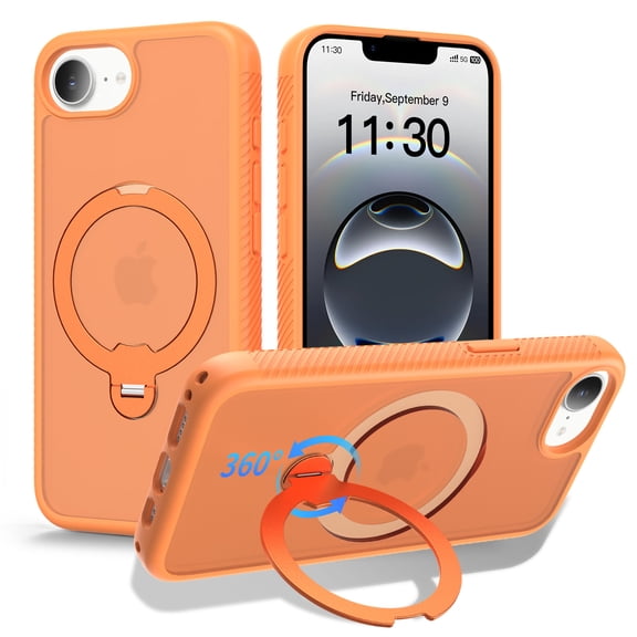 ELEHOLD Magnetic Case for iPhone 16e/17e, Rugged Matte Case with 360° Rotatable Ring Kickstand, Shockproof Protection,Orange