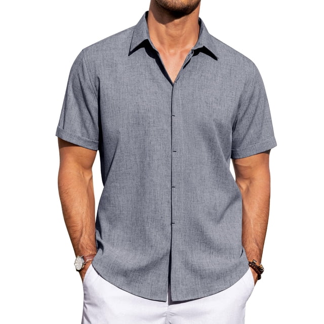 Camisa J.VER para hombre, lino y algodón, manga corta, azul, 3XL