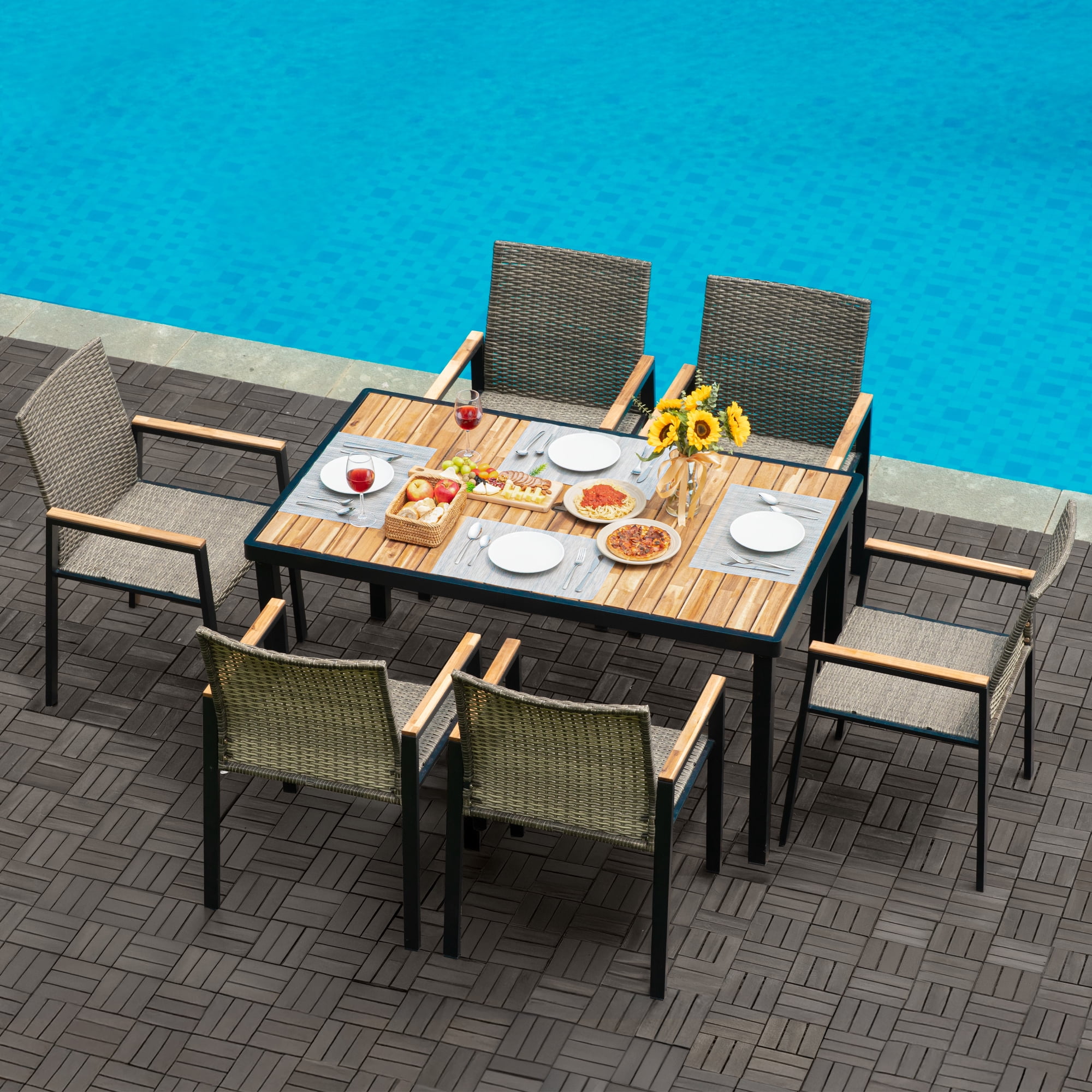 Segmart Outdoor Dining Set for 6 Person, Patio Table and Chairs Set with Textilene Armchairs & Swivel Chair, Conversation Furniture Set for Backyard, Poolside, Blue