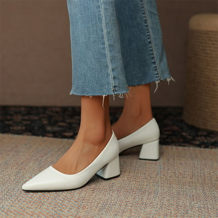 Cathalem Hot Heels Ladies Fashion Solid Color Leather Pumps Pointed Toe Thick High Heel Casual Shoes Heel White 7