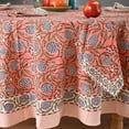 thumbnail image 3 of Hand Block Printed Tablecloth, Colorful Floral Print, Indian Artisan Handmade Art, Dining Room, Kitchen, Outdoor Party Decor, 100% Cotton, (Dark Salmon Pink, 90 Inches Round, 8 Napkins), 3 of 8