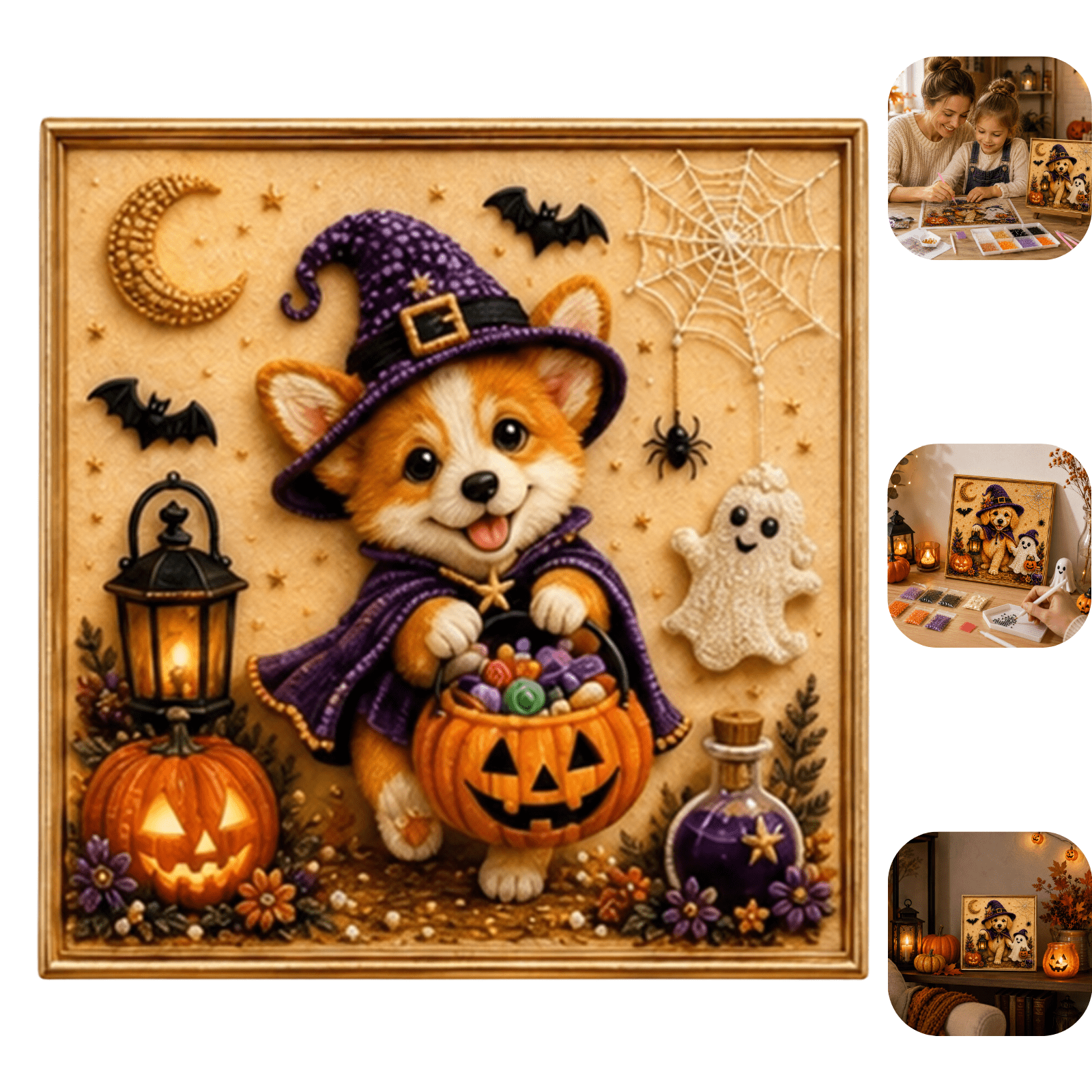 Halloween DIY Puppy Pearl Painting Kit 3D Diamond Art Craft Set 1pc Witch Hat Cloak Puppy Mosaic Drill Kit Calming Handmade Leisure Craft for Fall Spare Time E
