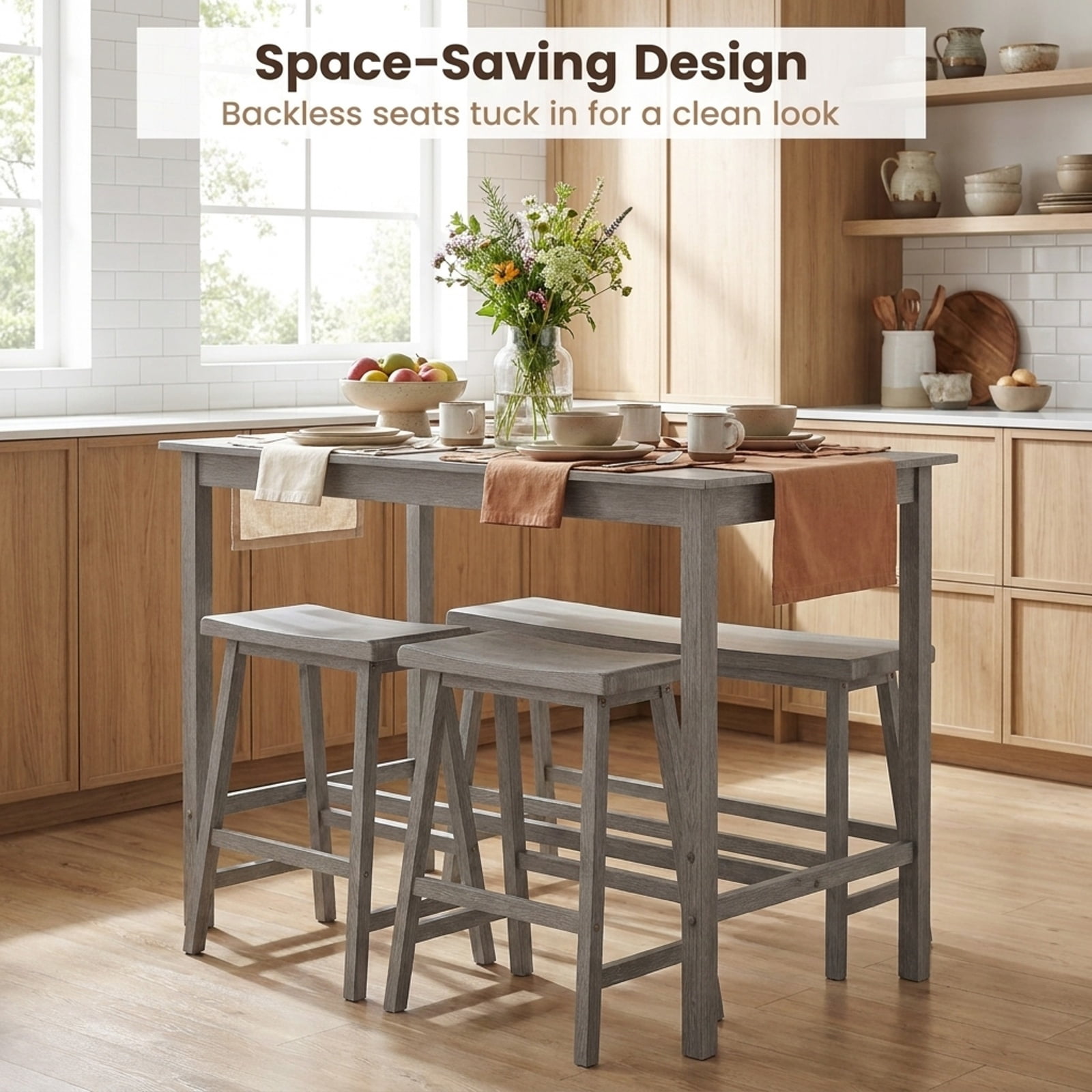 Furnibear 4-Piece Counter Height Dining Table Set with Power Outlet Solid Rubber Wood Kitchen Table for Kitchen Dining Room Breakfast Nook Home, Gray