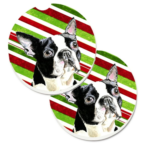 Carolines Treasures SC9320CARC Boston Terrier Candy Cane Holiday Christmas Set of 2 Cup Holder Car Coasters Large