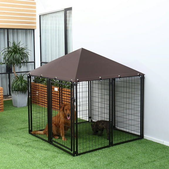 imerelez Dog Kennel Outdoor, Walk-in Pet Playpen, Welded Wire Steel Dog Fence with Water-and UV-Resistant Canopy, Jet Black 5' x 5' x 5'