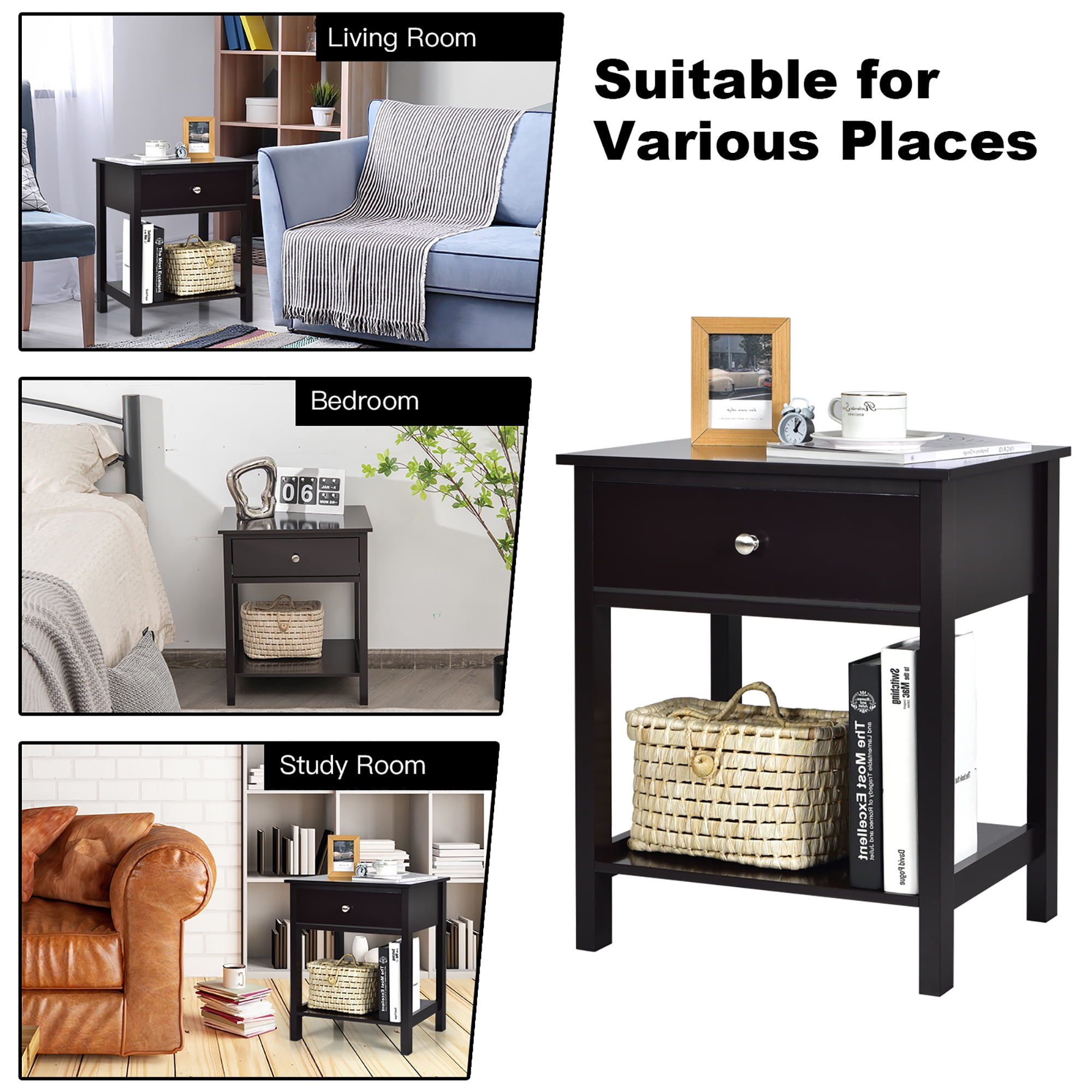 Costway Nightstand with Drawer Storage Shelf Wooden Bedside Sofa Side Table Black