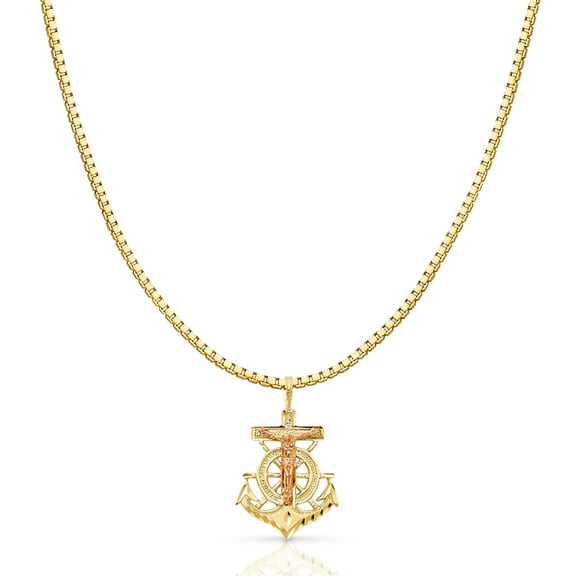 14K Two Tone Gold Religious Crucifix Anchor Charm Pendant with 1mm Box Chain Necklace